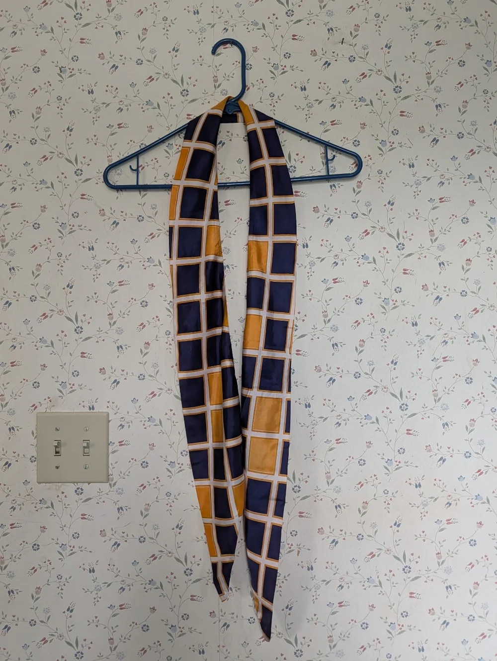 Navy and Gold Bow Scarf 1970's Vintage Poly Blend Office Professional Unique